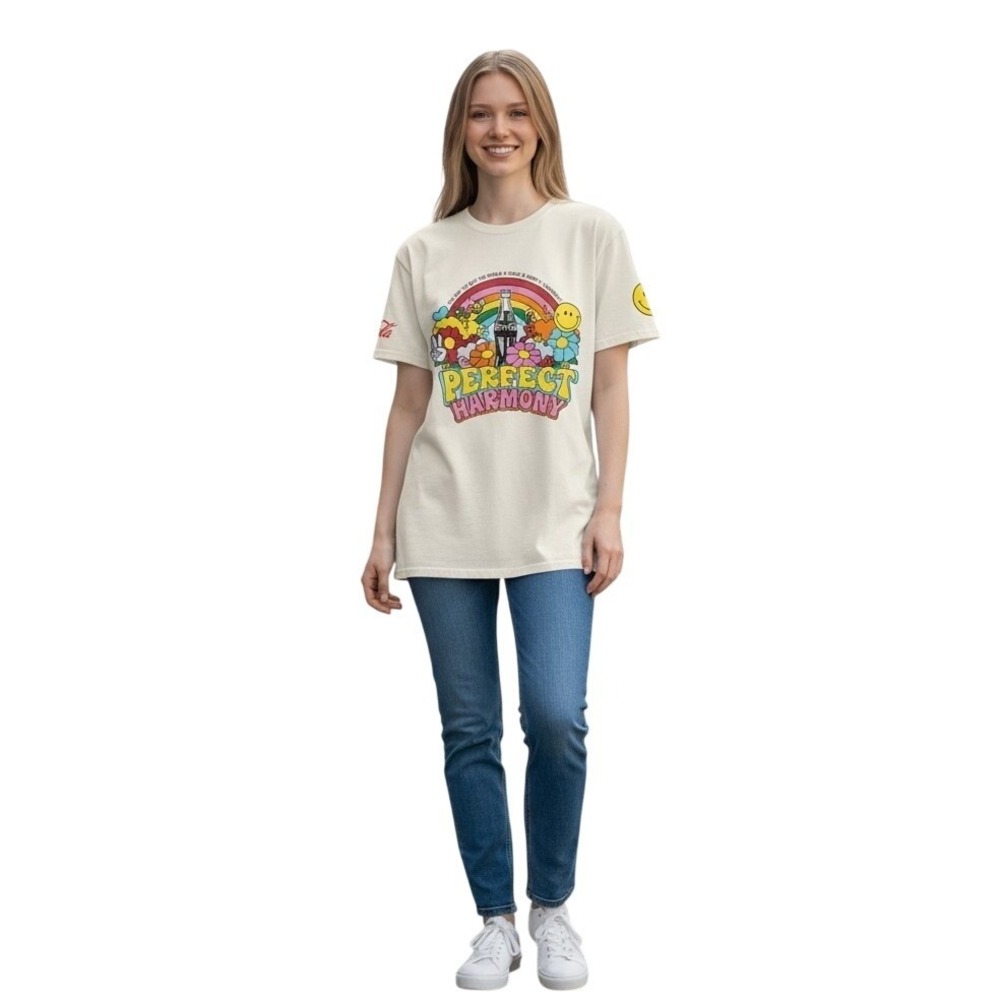 Coca-Cola Graphic Tee Shirt Large Perfect Harmony Retro Rainbow 70's Hippie 1014